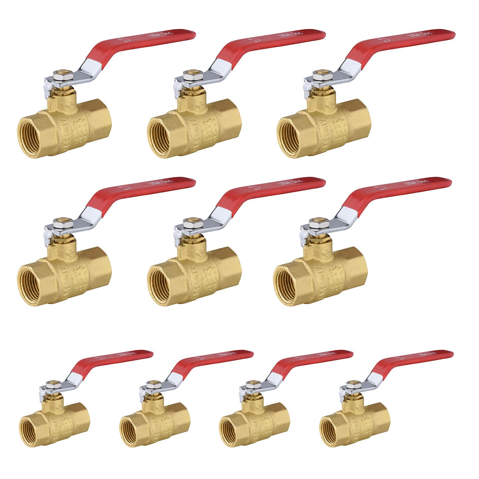 Lot de 10 valves d'arrêt à boisseau sphérique 1,9 cm filetées FIP, rouge, laiton forgé à port complet avec connecteur FNPT, 150 PSI WSP/600 WOG