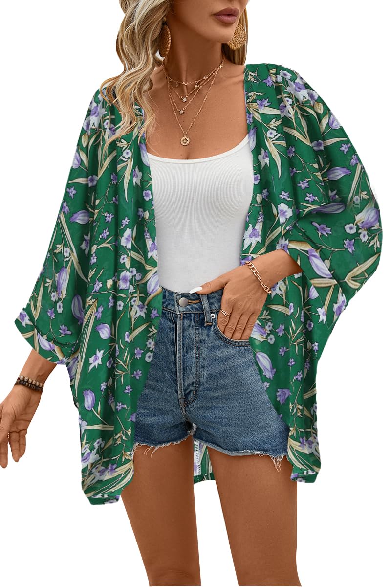 OLRAINWomen's Floral Print Sheer Chiffon Loose Kimono Cardigan Capes