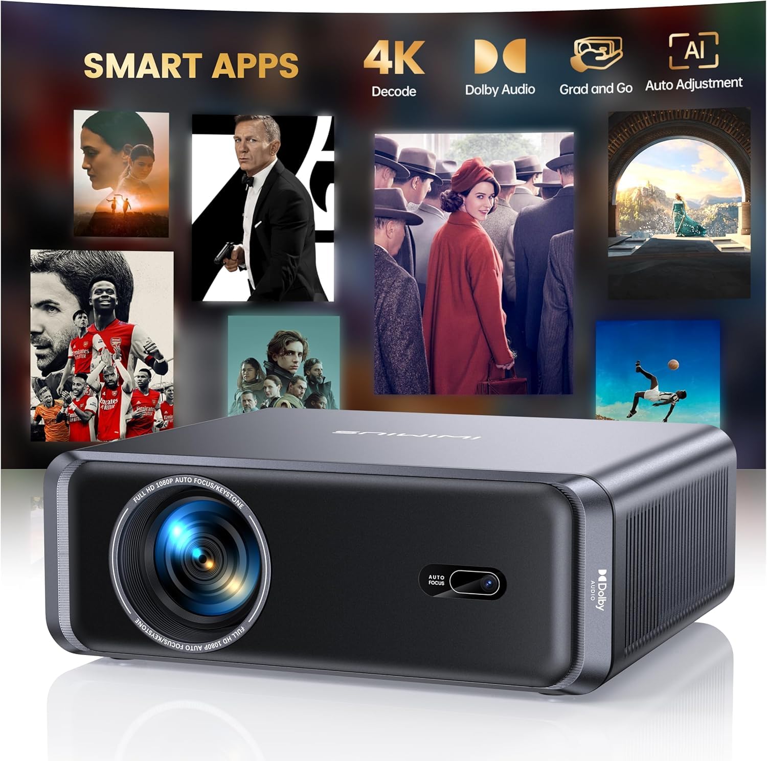Smart Beamer 4K, Netflix-kompatibel, Dolby Audio, 1000 ANSI Beamer 4K Heimkino Unterstützt Auto Focus/6D Trapezkorrektur, WiFi 6/Bluetooth Full HD 1080P Projektor Outdoor Garten für Android/iPhone