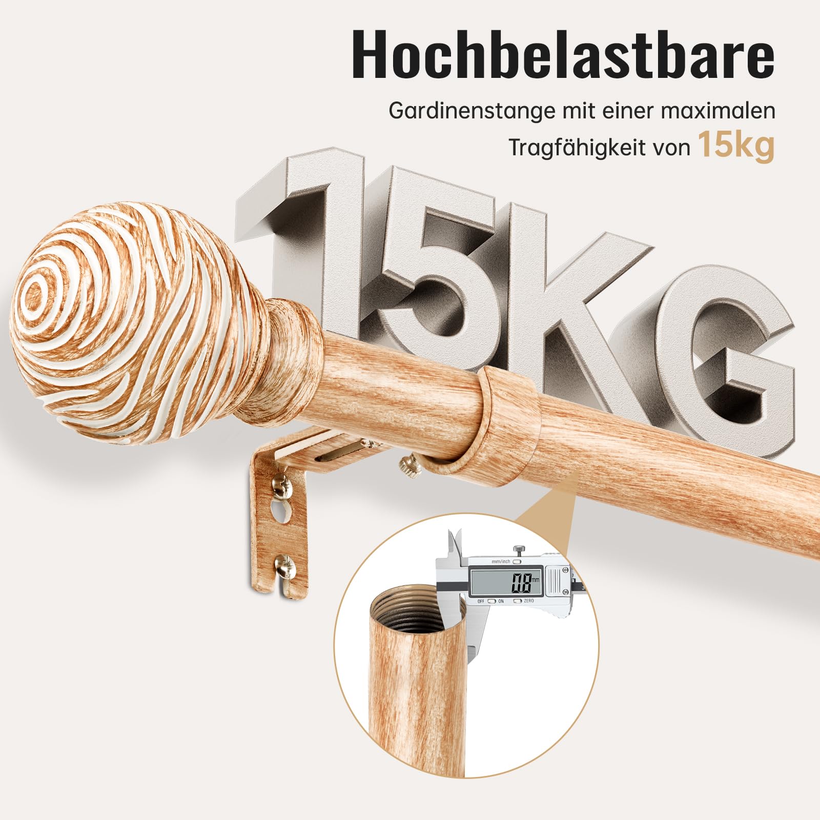 Gardinenstange Hellbraun 76–381 cm, Vorhangstange Ø 25 mm | Ausziehbare Vorhangstange, Metall mit Holzoptik, Wand/Deckenmontage
