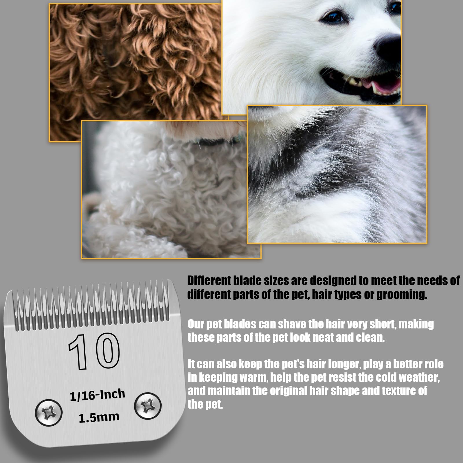 Confezione da 3 Lame in Acciaio Inossidabile Rimovibili per la toelettatura di Cani Pet Staccabili da 10#, compatibili con, Oster/Heiniger/Moser, lmisura n.10, Lunghezza taglio1/16 di Pollice 1,5 mm
