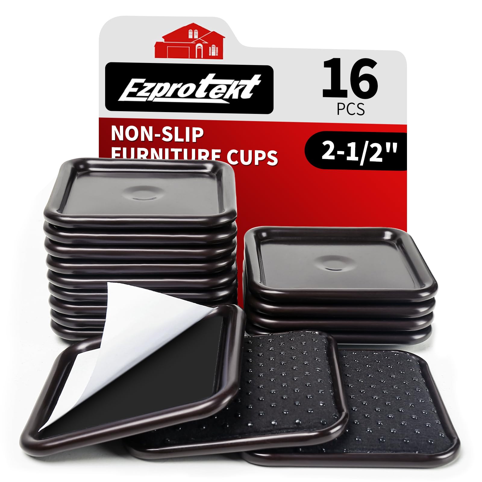 Ezprotekt 2 1/2" Square Non Slip Furniture Pads with Drip Glue Non-Woven Fabric Bottom, 16 Pcs Anti Skid Furniture Coasters Cups Floor Protectors for Bed, Sofa, Table, Chair, Cabinet, Brown/Black