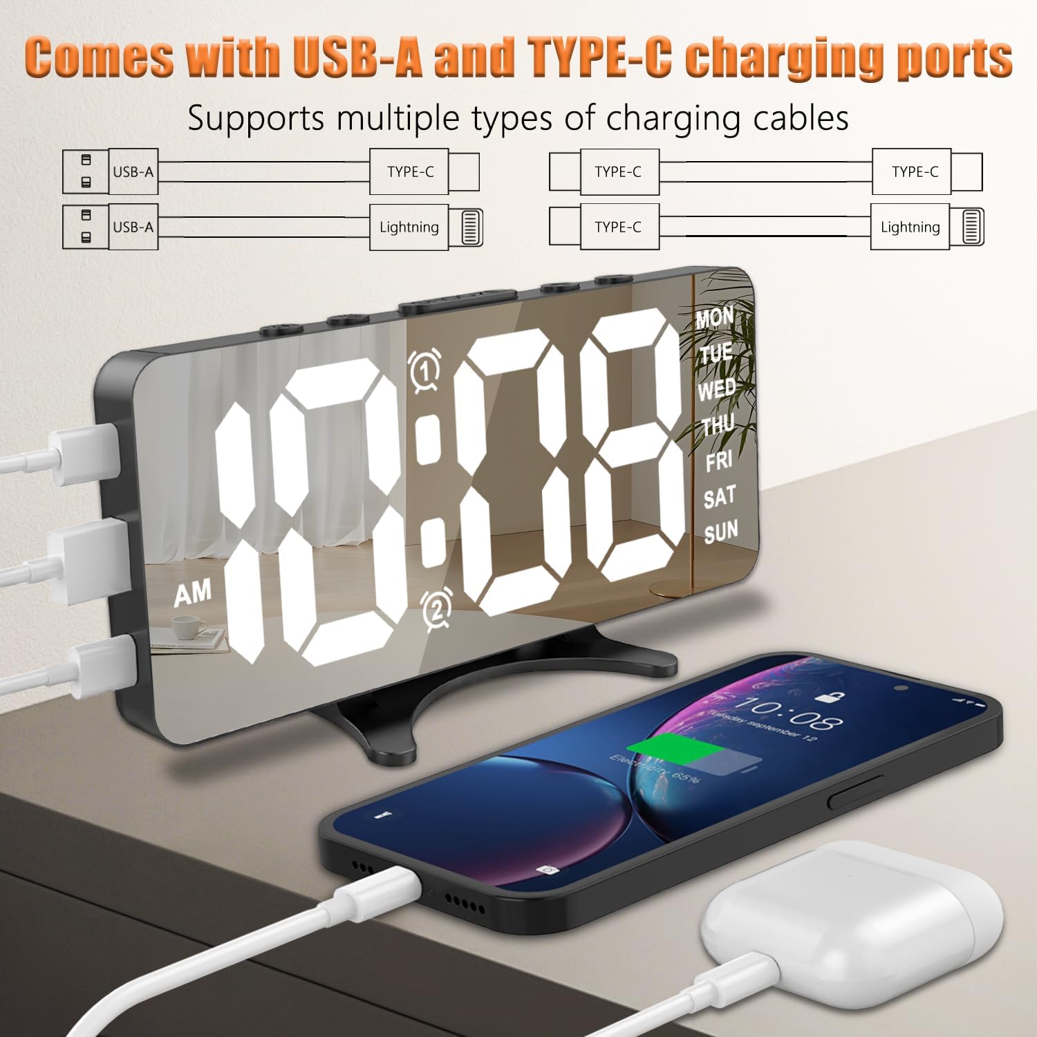 Reloj despertador digital para dormitorios, alarmas duales, puerto de carga USB, volumen y brillo ajustables, atenuación automática, decoración de sala de estar, súper fuerte, negro