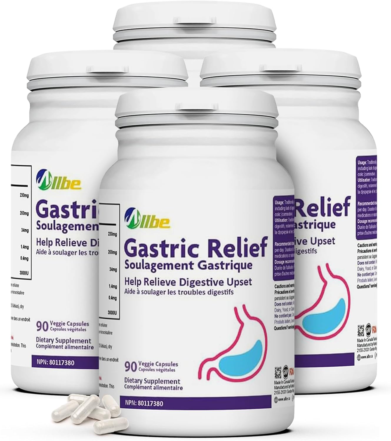 Allbe Gastric Relief Veggie Capsules, 230mg Broccoli Extract, 200mg Ginger Extract with Zinc & Magnesium Supplements, 4 Packs of 90 Servings Digestive Upset Relief Capsules, Serving Size: 1 Capsule