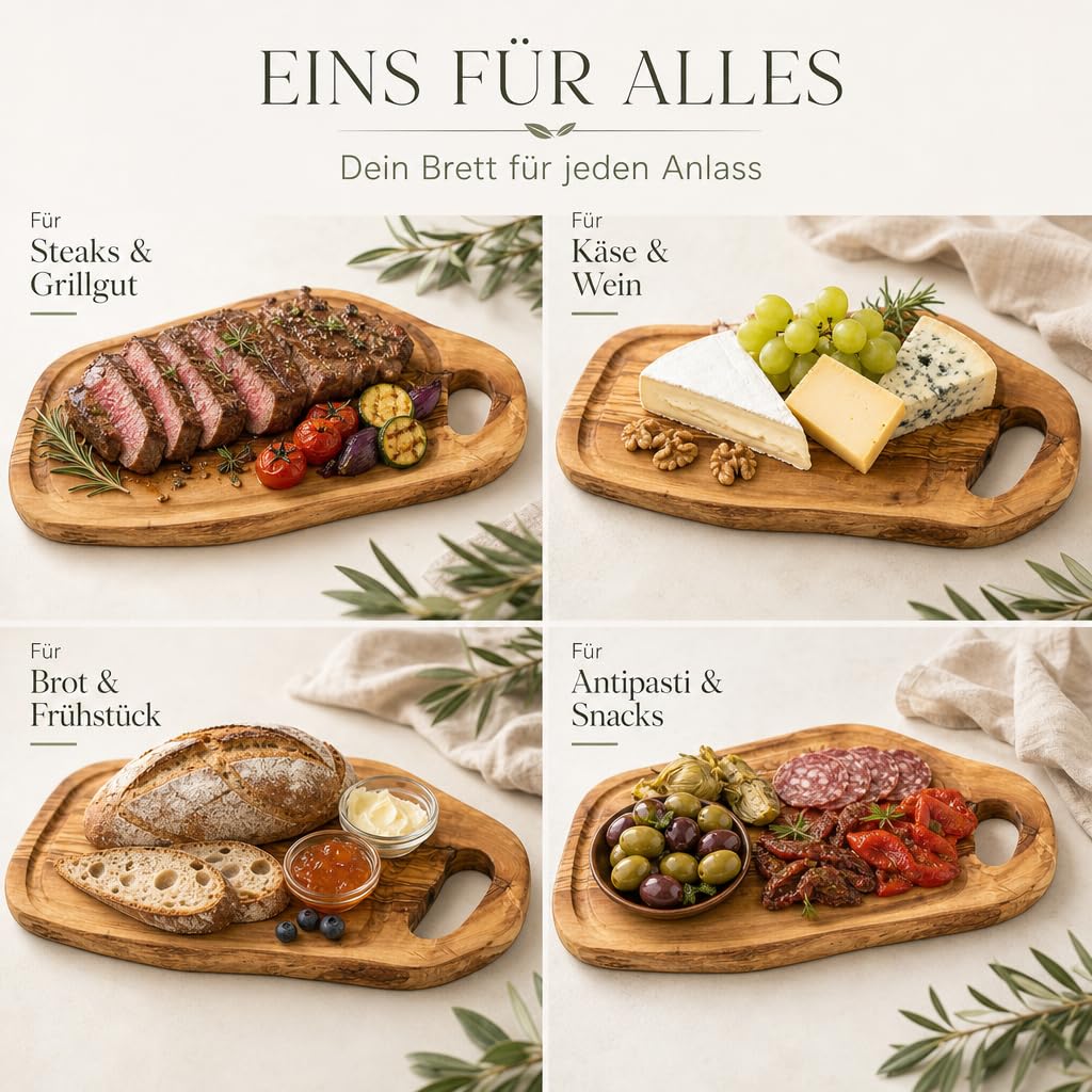 Olivenholz Steakbrett mit Saftrille - Personalisiertes Schneidebrett mit Grifflasche für Steak, Fleisch, Grill & BBQ (44-49 cm)