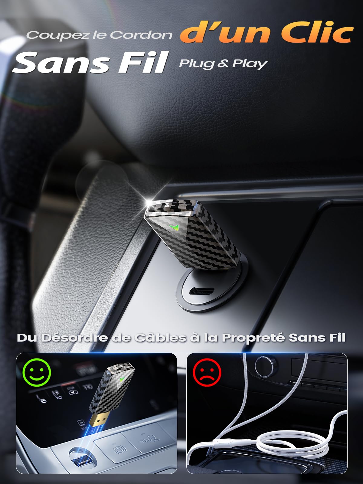 Mini Adaptateur CarPlay sans Fil & Android Auto sans Fil, Fibre de Carbone, Métal USB-A/C, Version Stable, Plug & Play, Voitures 2016+, Compatible avec Apple iPhone (iOS 10+) et Android 10+