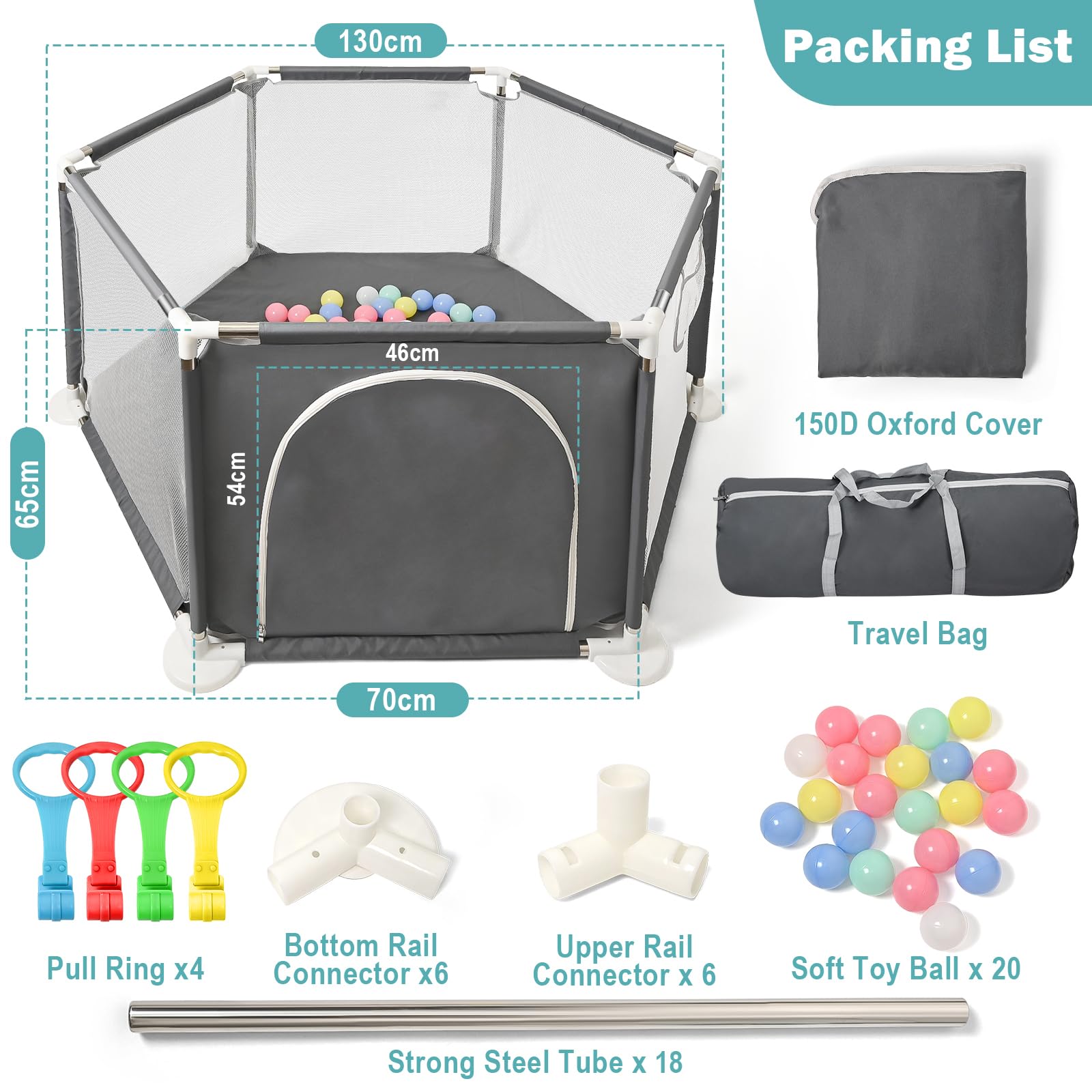 CHOLY Box esagonale per neonati con rete traspirante, recinzione attività bambini, borsa viaggio grigio scuro