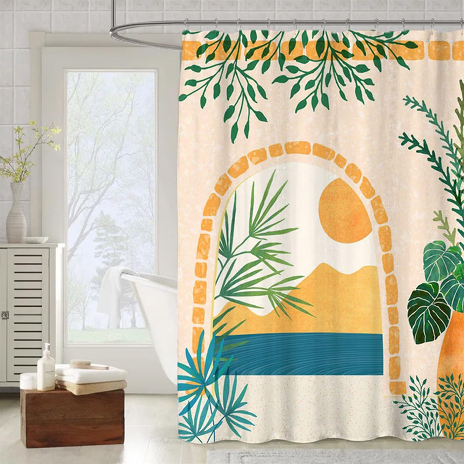 Bohême nordique Rideau Douche W300cm x L200cm Rideaux de Douche Anti Moisissure Tissu Imperméable avec Crochets,Rideaux Lourd Polyester Lavable,3D Shower Curtain Baignoire Salle de Bains Decor M-154
