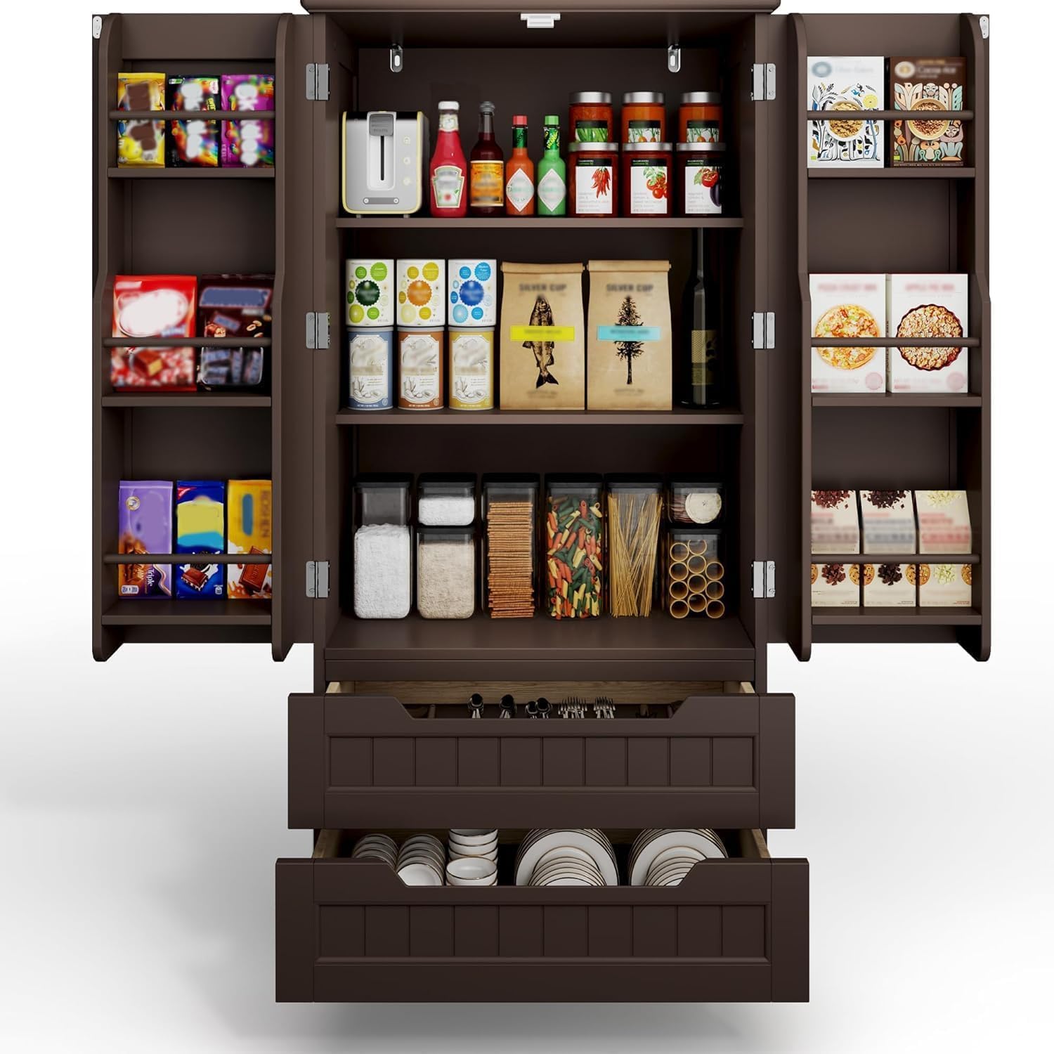 Gizoon 63" Kitchen Pantry Storage Cabinet with Drawers Freestanding Bathroom Storage Cabinets with Doors and Shelves, Small Food Pantry Cabinet for Dining Room Craft Room, Dark Brown