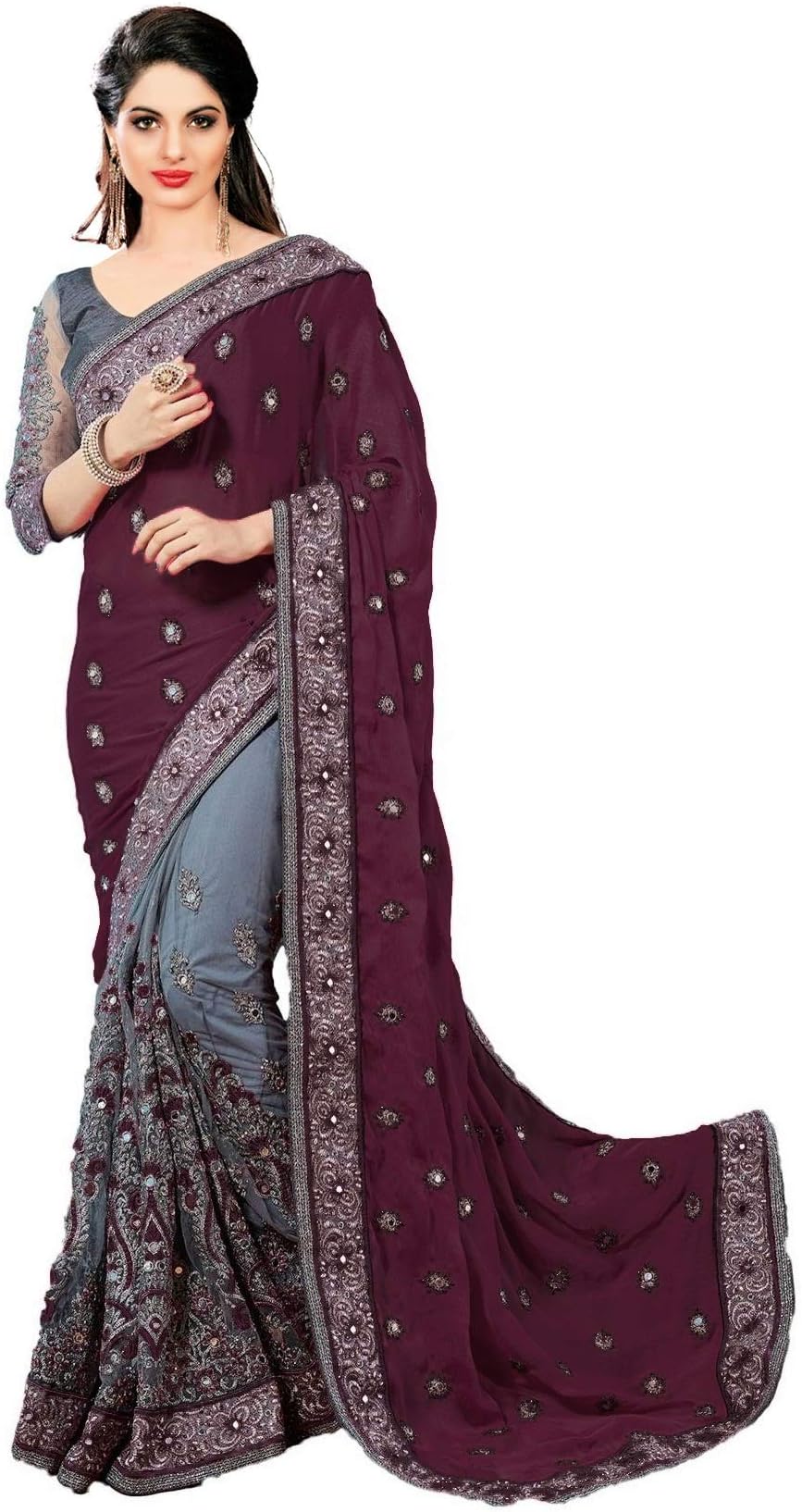 PANASH TRENDS Women's Satin Net Embroidery Work Saree (Purple)