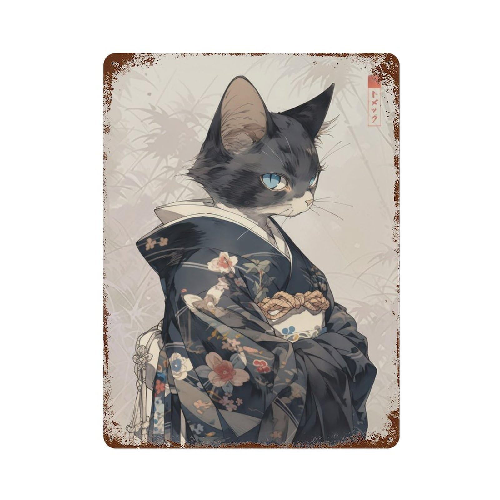Garage Style Edo Cat Geisha Distressed Metal Wall Sign 15.7"x11.8", Novelty Wall Decor for Bar And Workshop