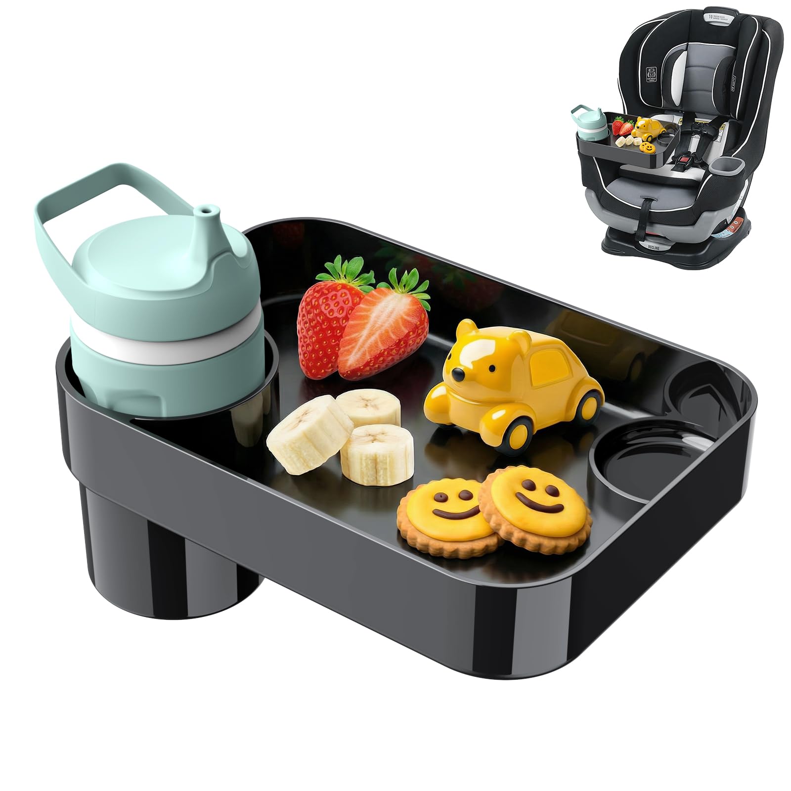 Photo 1 of [2 Pack] Car Seat Snack Tray for Toddlers - 3 Inch Cup Holder Fits Most Sippy Cups & Straw Bottles with Dip Well, Mess-Free Square Kids Travel Tray Road Trip Essentials, Black, 2