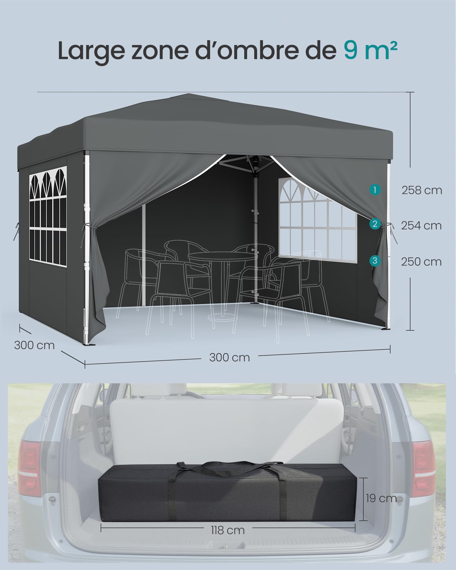SONGMICS Tonnelle, Chapiteau Pliable, Protection Solaire, Résistante aux Petites Pluies, Portable, avec Parois Latérales, pour Cour, Jardin, Marché, 3 x 3 m, Gris Foncé GCT104GZ01