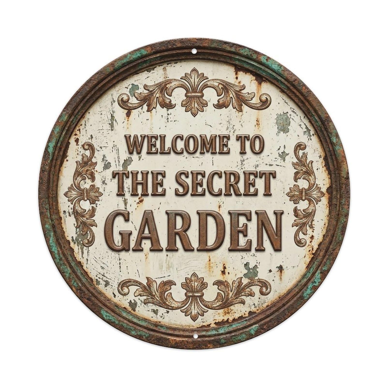 Vintage Welcome Secret Garden Rustiron Cream Etched Metal Tin Sign