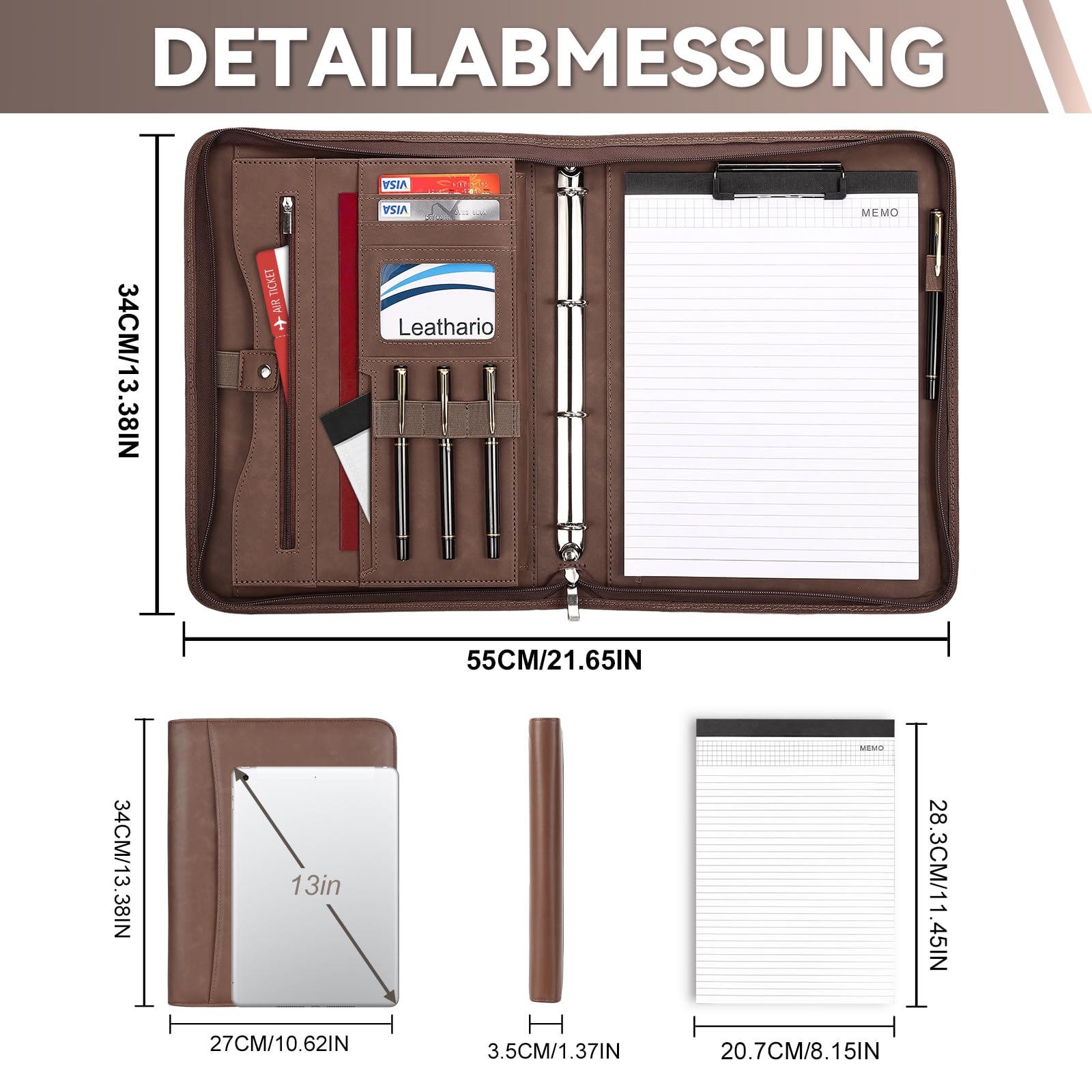 Leathario Schreibmappe A4 mit Reißverschluss, Konferenzmappe 10 Klarsichthüllen, Dokumentenmappe 4 Ringbuch, Ringmappe, Aktenmappe mit Notizblock,Mappe, für Meeting, Business ikl.1 Kugelschreiber