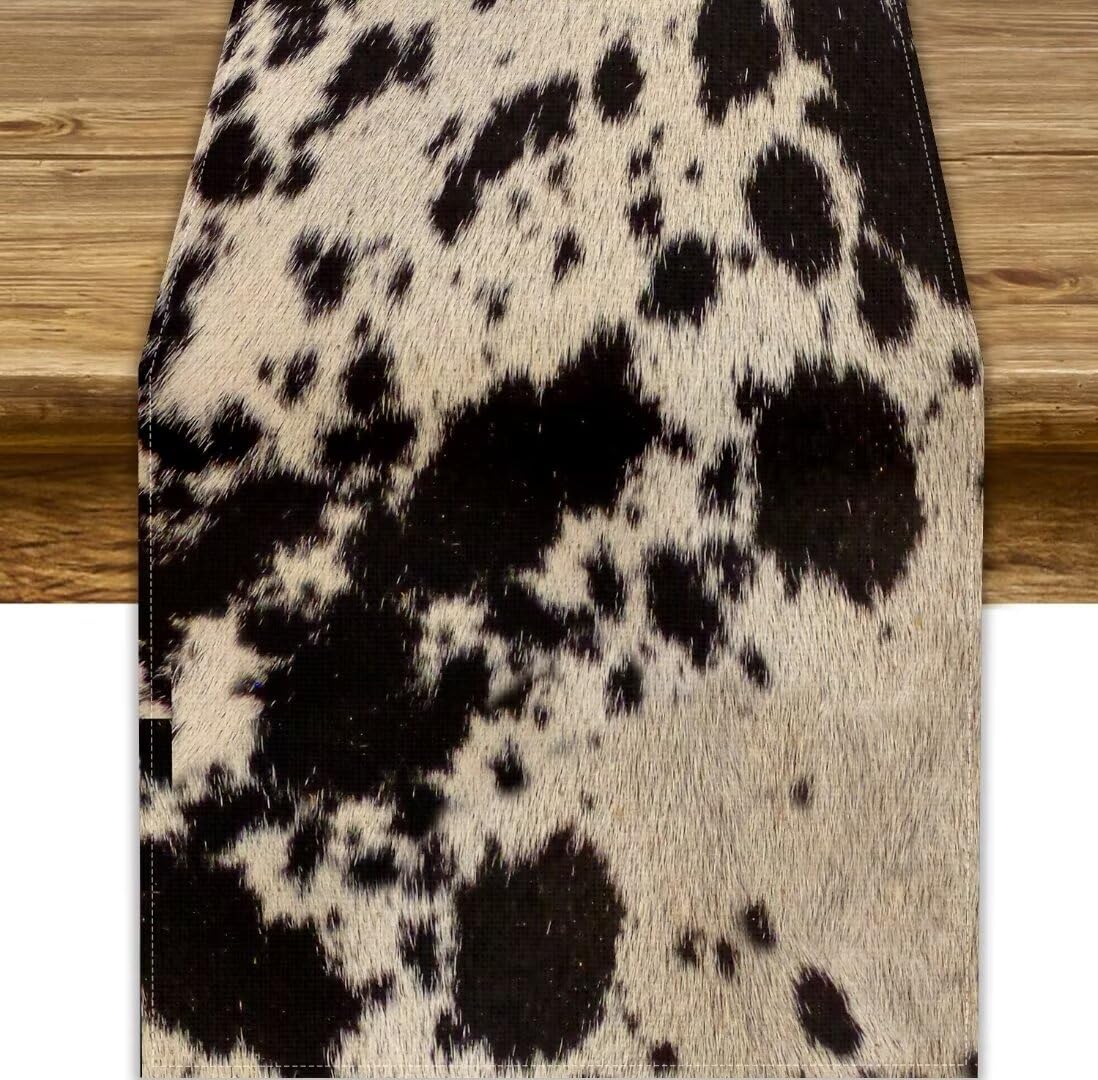 Cow Print Table Runner, Brown Highland Cow Cowhide Rustic Western Farm Animals Skin Wildlife Fur Print Table Runner for Farmhouse Dining Room Holiday Party 13x70 Inch
