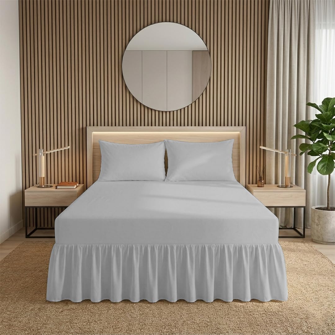 ZIYA HOMES Grey Double Valance Sheets Polycotton Frilled Bed Sheet Anti Allergic Bed Skirt Fitted Valance Sheet - Extra Deep Fitted BedSheets Easy Care Bed Sheet