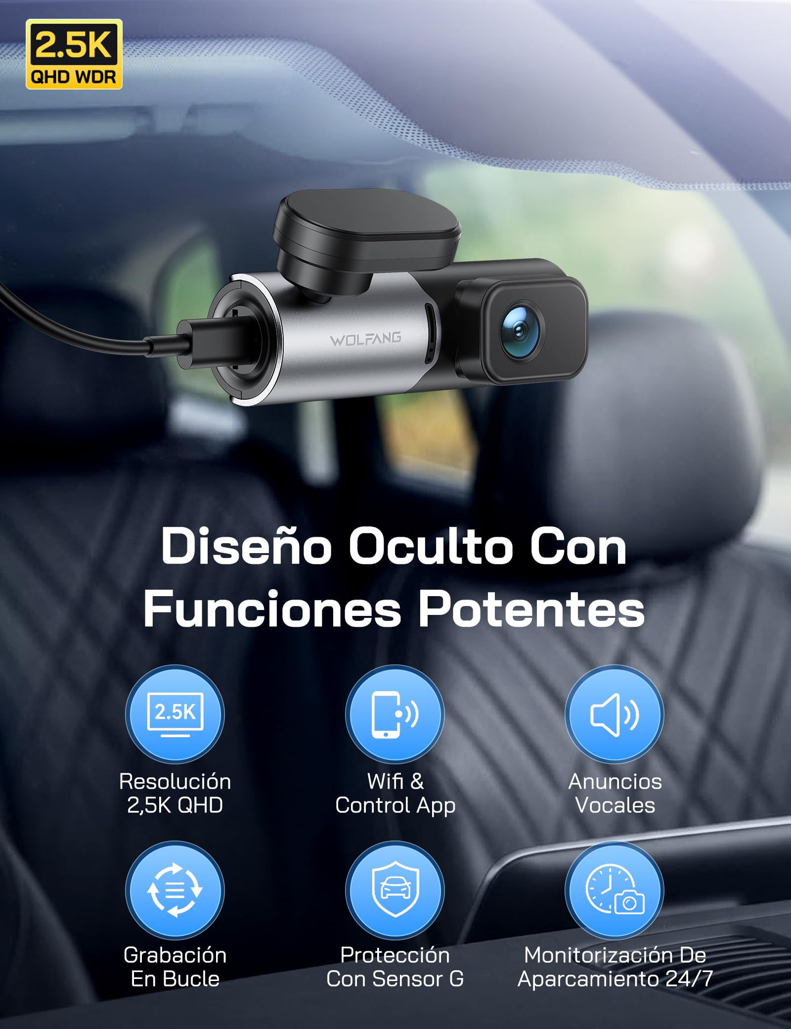 WOLFANG 2.5K Dashcam WiFi Cámara para Coche, Mini Dash Camera para Coches 1440P Front Dash CAM con App, WDR Visión Nocturna, Grabación en Bucle, Soporta Modo Parking 24H, Aviso de Voz, G-Sensor