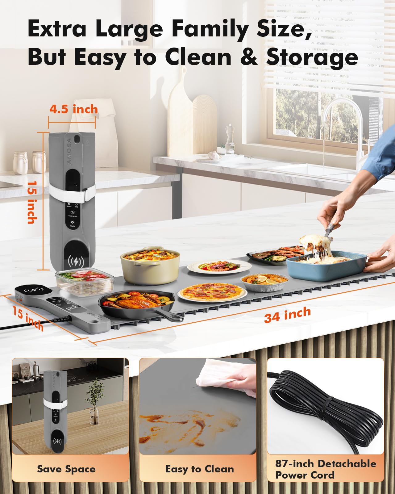 Alfombra Calentador Comida Portatil Nueva con Carga Inalámbrica, 34"x15" Extra Grande, 7 Niveles de Temperatura, Temporizador de 8 Horas, Bandeja Calefactora Eléctrica para Comidas y Fiestas (Gris)