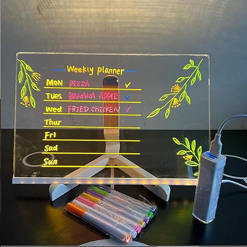 Miniatura 3 de Pizarra de acrílico brillante con soporte y 7 bolígrafos coloridos, tablero de mensajes acrílico brillante con luz para pizarra de borrado en seco