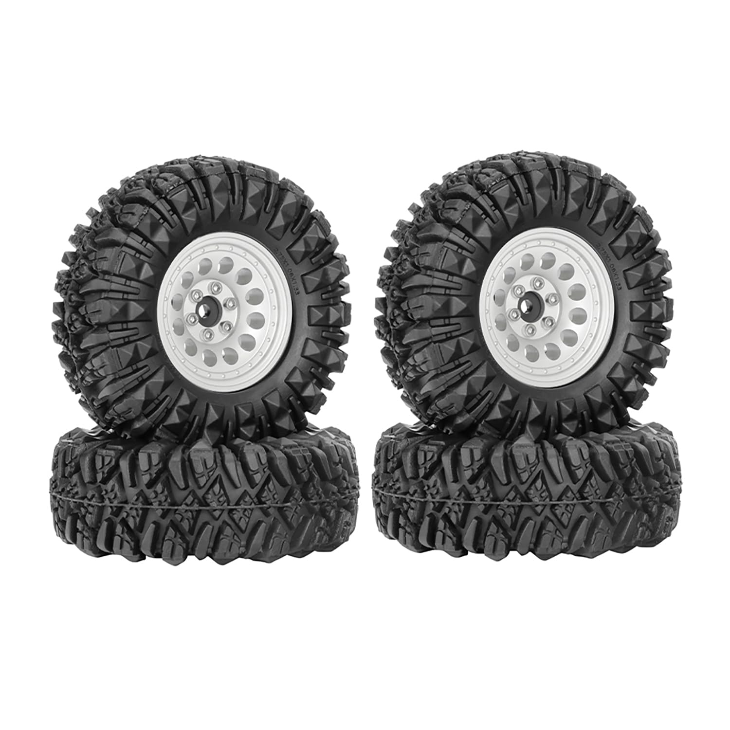 KINGCOO 4PCS 1.33" Aluminum Alloy Beadlock Wheel Rims All-Terrain Tyre 70mm Rubber Tires Set including 5mm & 7mm Hex for 1/12 1/14 1/18 1/24 RC Rock Crawler Car Upgrade Parts (A-Silver)