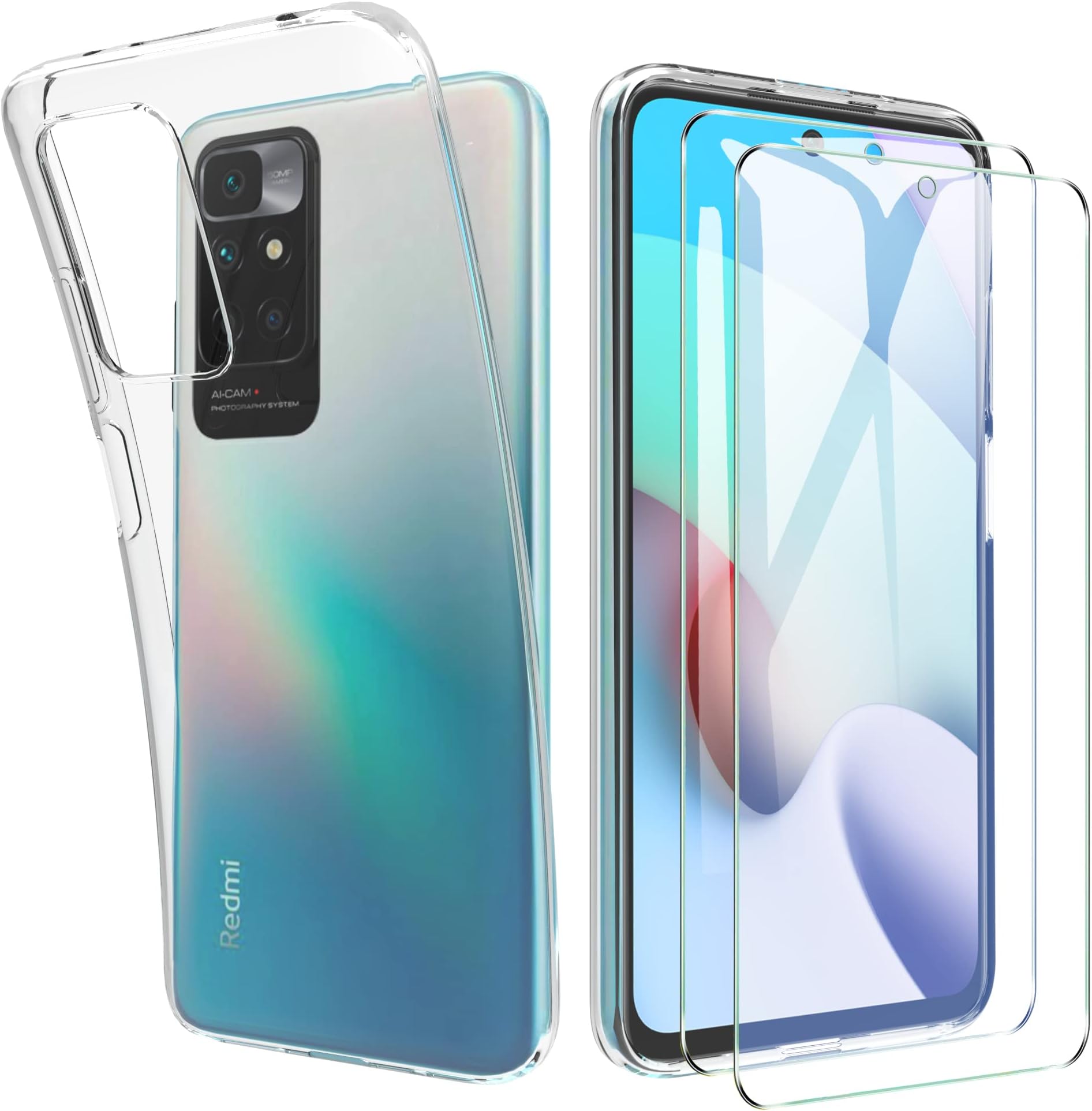 HTDELECCase for Xiaomi Redmi 10 Case + [Pack of 2] Screen Protector Film, Transparent [Anti-Yellow] Thin Mobile Phone Case Clear Soft TPU Silicone Protective Case for Xiaomi Redmi 10 - Transparent