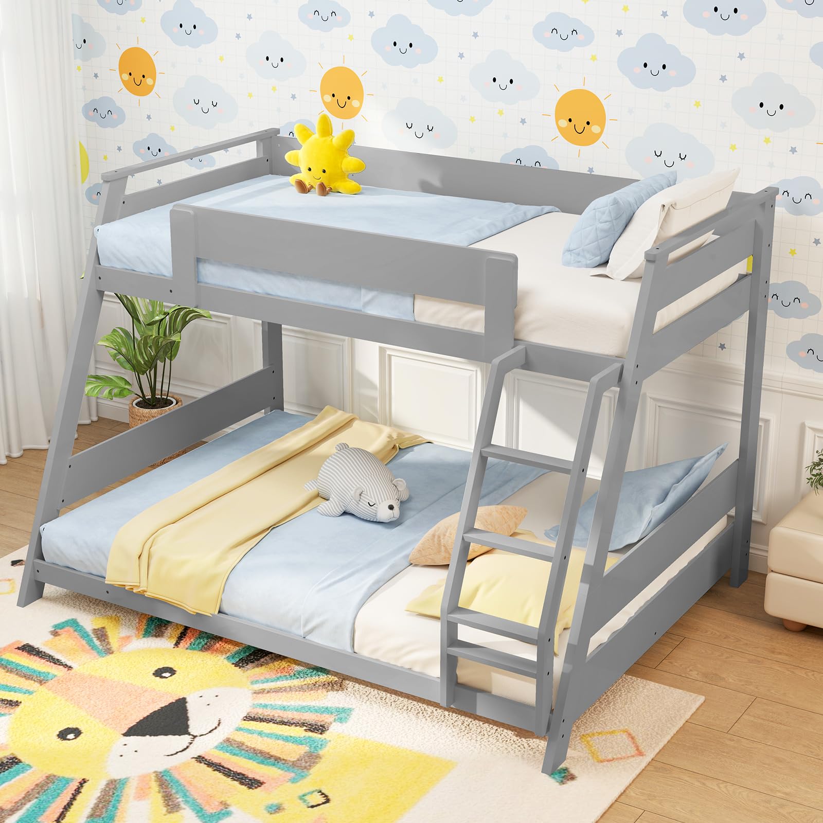 Giantex Wood Bunk Beds Twin Over Full Size, Solid Wood Bunk Bed Frame w/Reversible Ladder & Safety Guardrails, Low Bunk Bed for Kids Teens Juniors, No