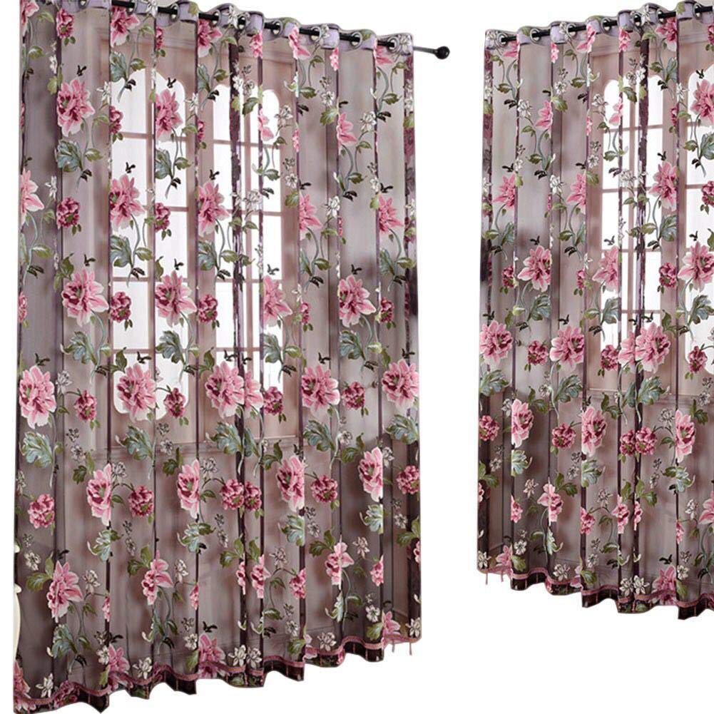 KingbeefLIU Door Blinds Window Peony Printed Transparent Tulle Curtain Room Divider Valance Fresh And Lovely Warm Home Elegant Decorative Curtains Living Room Bedroom Supplies Purple