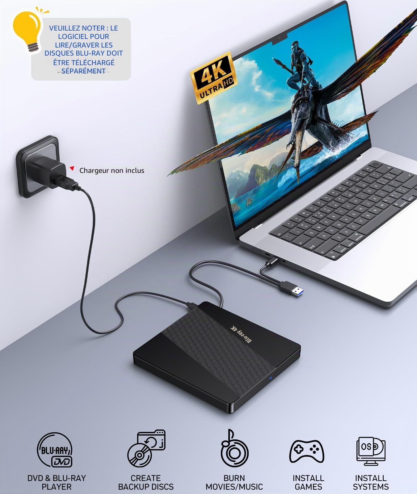Lecteur Blu-Ray externe 4K pour PC, lecteur Blu-Ray 4K UHD, port SD/TF avec étui de transport, lecteur Blu-Ray HD US8 3.0, lecteur optique externe DVD+/-RW pour ordinateur portable MacBook Pro