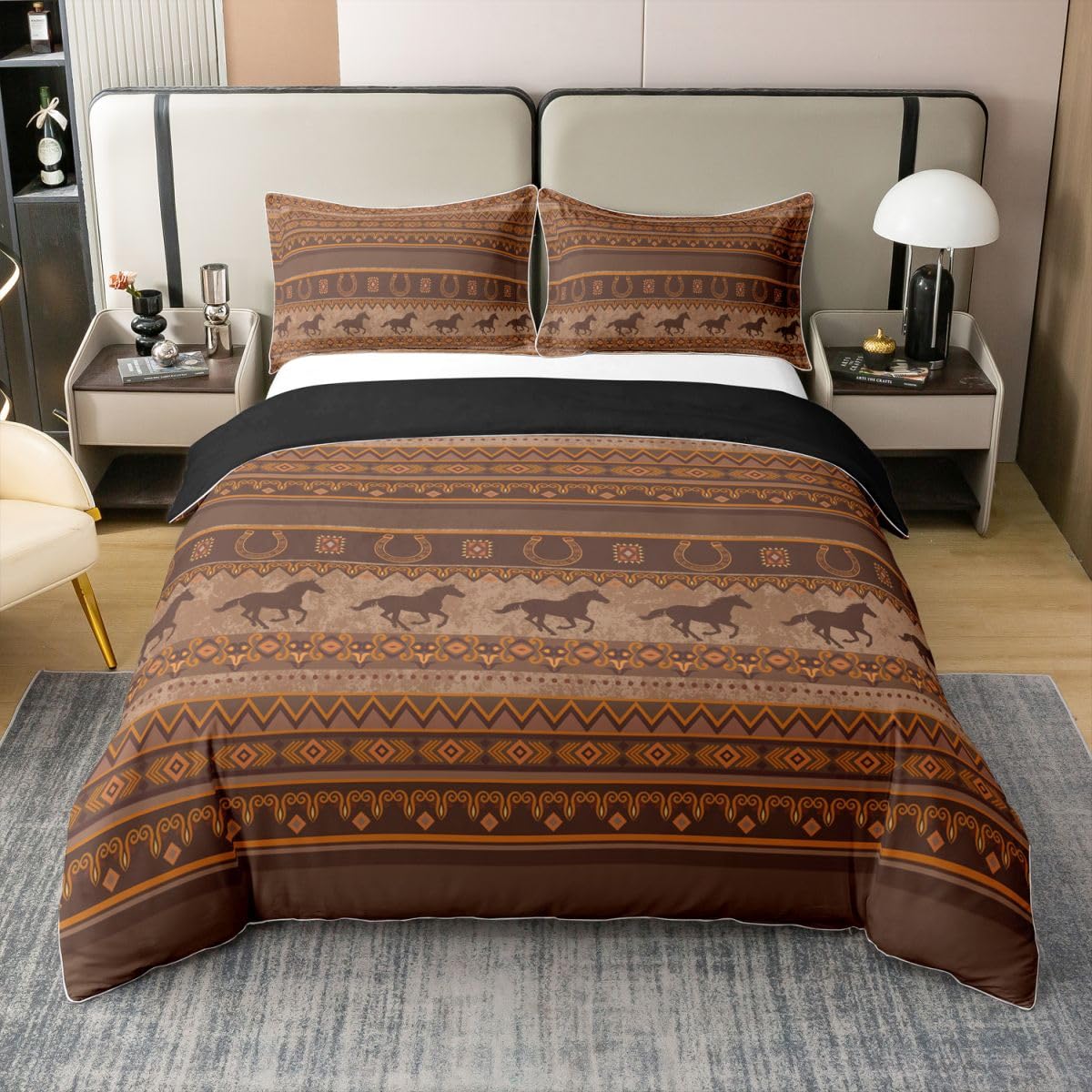 Homewish Southwestern - Juego de ropa de cama tamaño Super King con 2 fundas de almohada, de algodón, diseño de vaquero occidental, terracota, caballo, herradura, tribal azteca