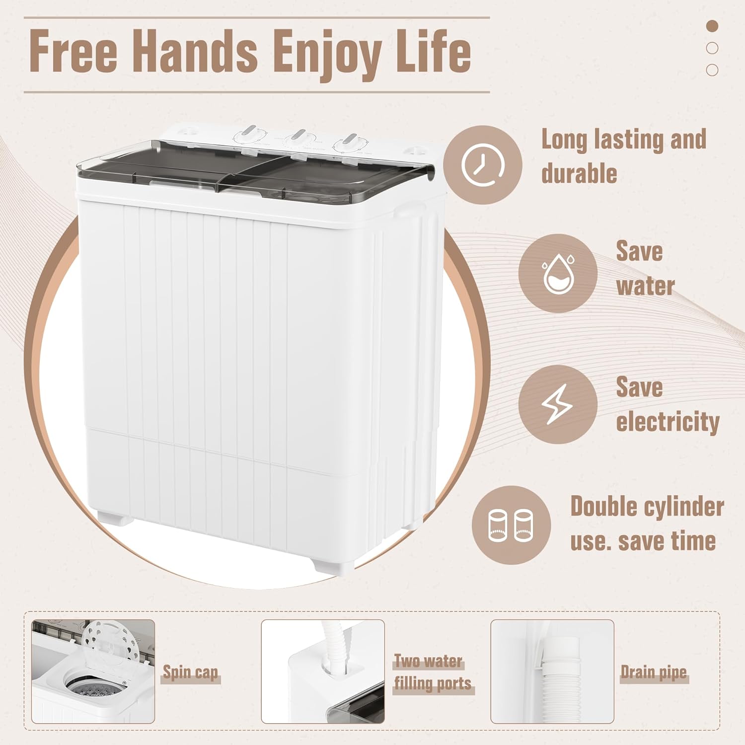 Bonusall 28Lbs Portable Washing Machine with Drain Pump, Large Capacity Twin Tub Washer Spinner Combo, Semi-Automatic Compact Laundry Machine for Apartments, RVs, and Dorms, Grey