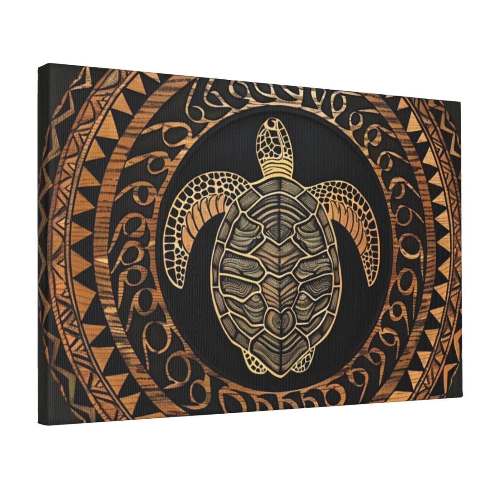 YKLJG Hawaiian Tapa Honu Turtle Printed Wall Art Canvas Prints 45x30 CM Wooden Framed Picture Painting Artwork for Bedroom Kitchen Home Office Decor