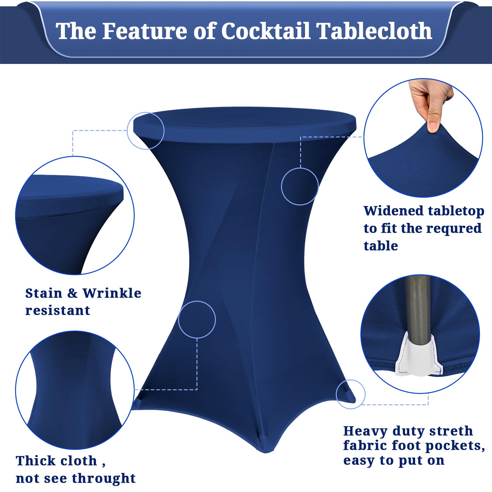 Pesonlook Paquete de 6 manteles elásticos de elastano con esquinas cuadradas de 32 x 43 pulgadas, color azul marino, ajustable para mesa alta, mantel redondo de cóctel para bar, boda, cóctel, fiesta