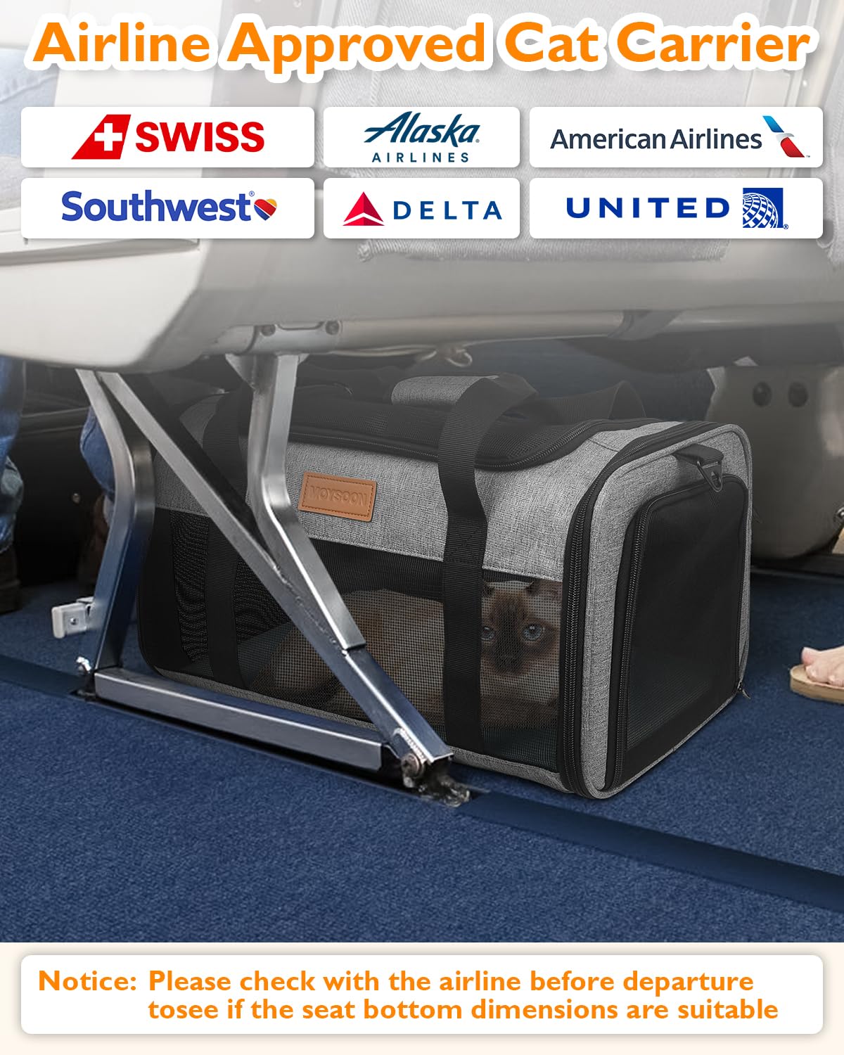 PETUX Von Fluggesellschaften zugelassene Haustier-Tragetasche, 43,2 x 27,9 x 24,1 cm, Untersitz, oben und seitlich, weiche Seiten, Katzentrage für kleine Katzen bis zu 5,4 kg, mit atmungsaktivem