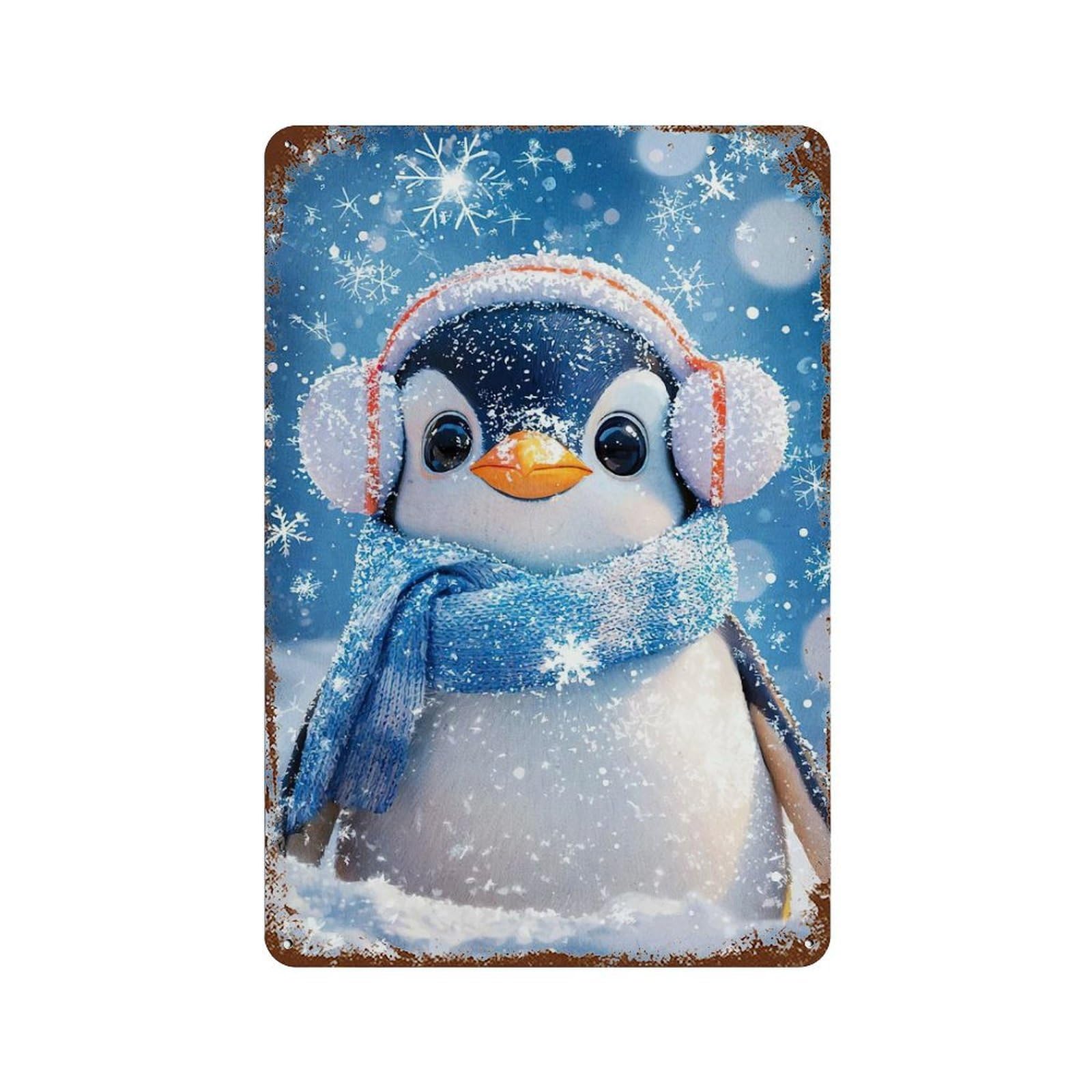 Rust Effect Cute Penguin Earmuffs Snowfall Retro Metal Sign 11.8"x7.9", Novelty Wall Decor for Bistro, Counter And Cafe Decor