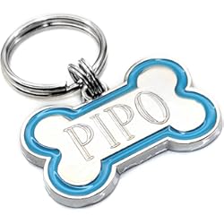 Chapa De Seguridad Con Huella ¡Para que no me pierdas! Placa mascota de metal con forma de hueso y borde azul. Graba mi nombre y tu(s) teléfono(s), pasea conmigo con seguridad!