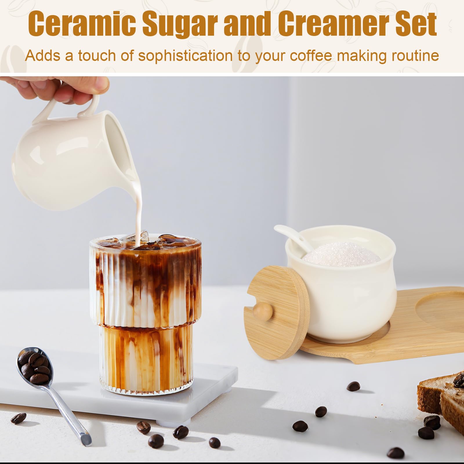 Juego de Leche y Azúcar Blanco, 260ml Jarra Leche de Cerámica y Azucarero con Cuchara y Tapa, Juego de Porcelana para Servir Café y Té con Bandeja de Madera, Apto para Microondas y Lavavajilla