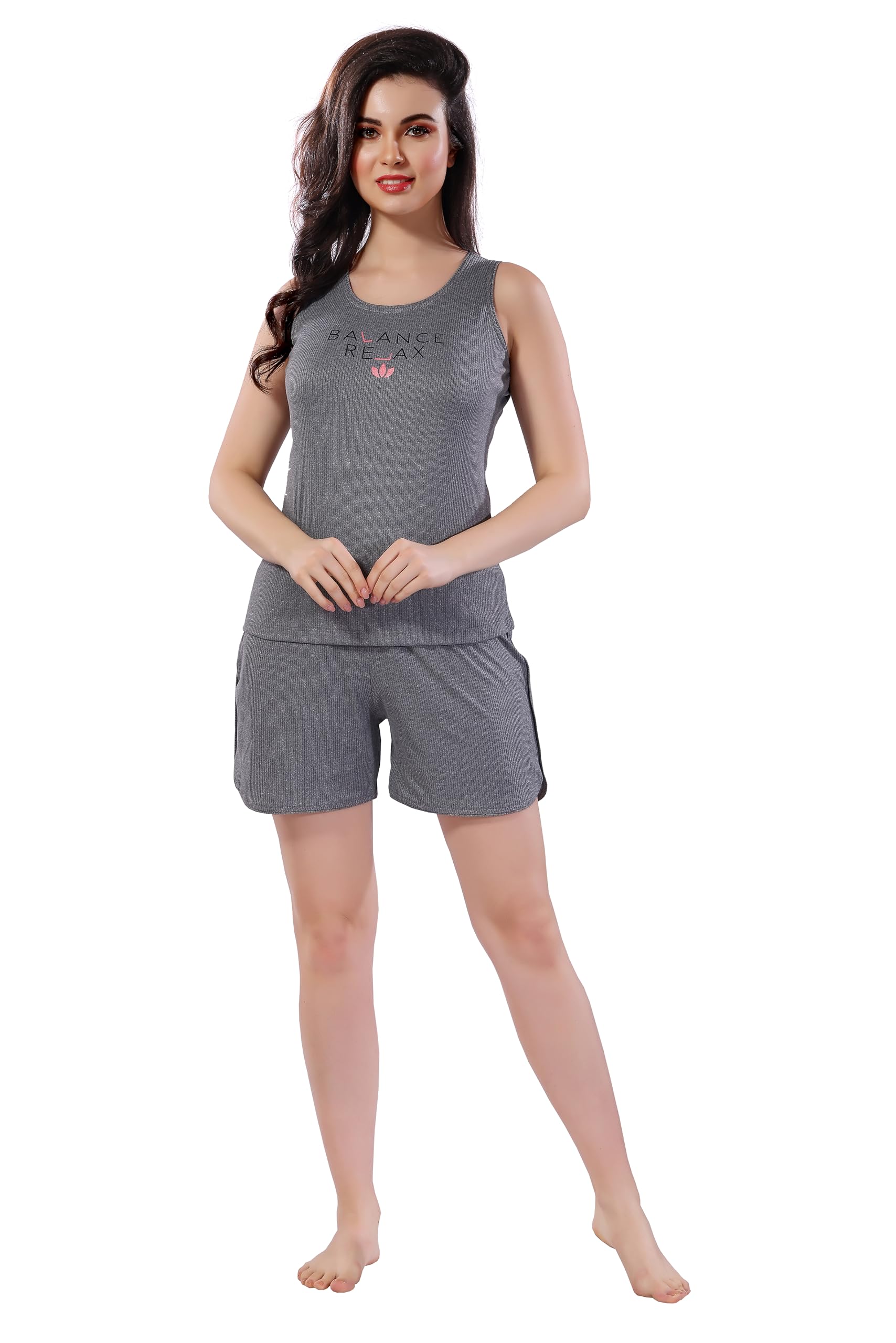 night view Women's Rib Cord Fabric Night Suit Set of Top & Shorts & Sleevless-picture-19