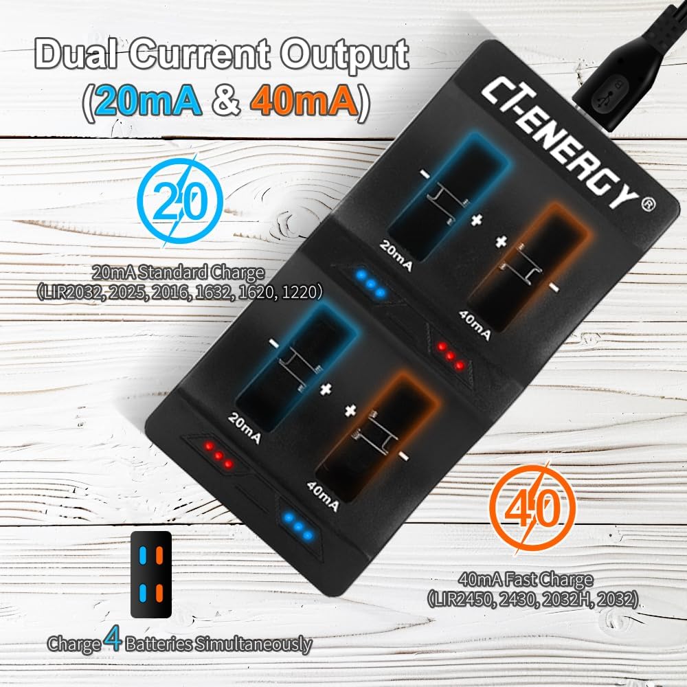 Lithium Coin Button Battery Charger with 4 Charging Bay | For Rechargeable Lir 2450 2032h 2032 2025 2016 1632 1620, Batteries Not Included