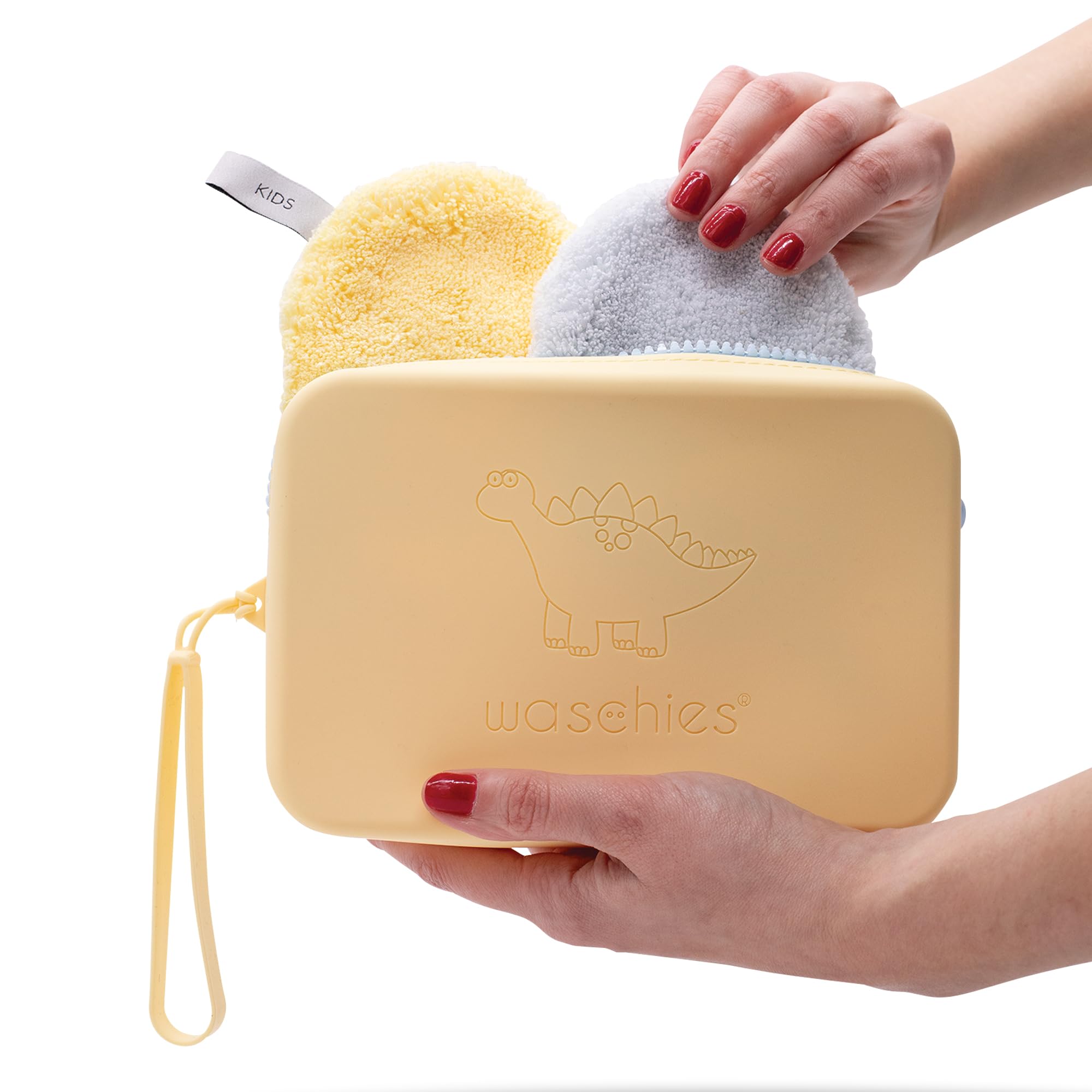 waschies "Travel Set Kids" bolsa de almacenamiento sostenible y repelente al agua con almohadillas lavables reutilizables para viajes, lavable, set de viaje y regalo, Color amarillo pastel., medium