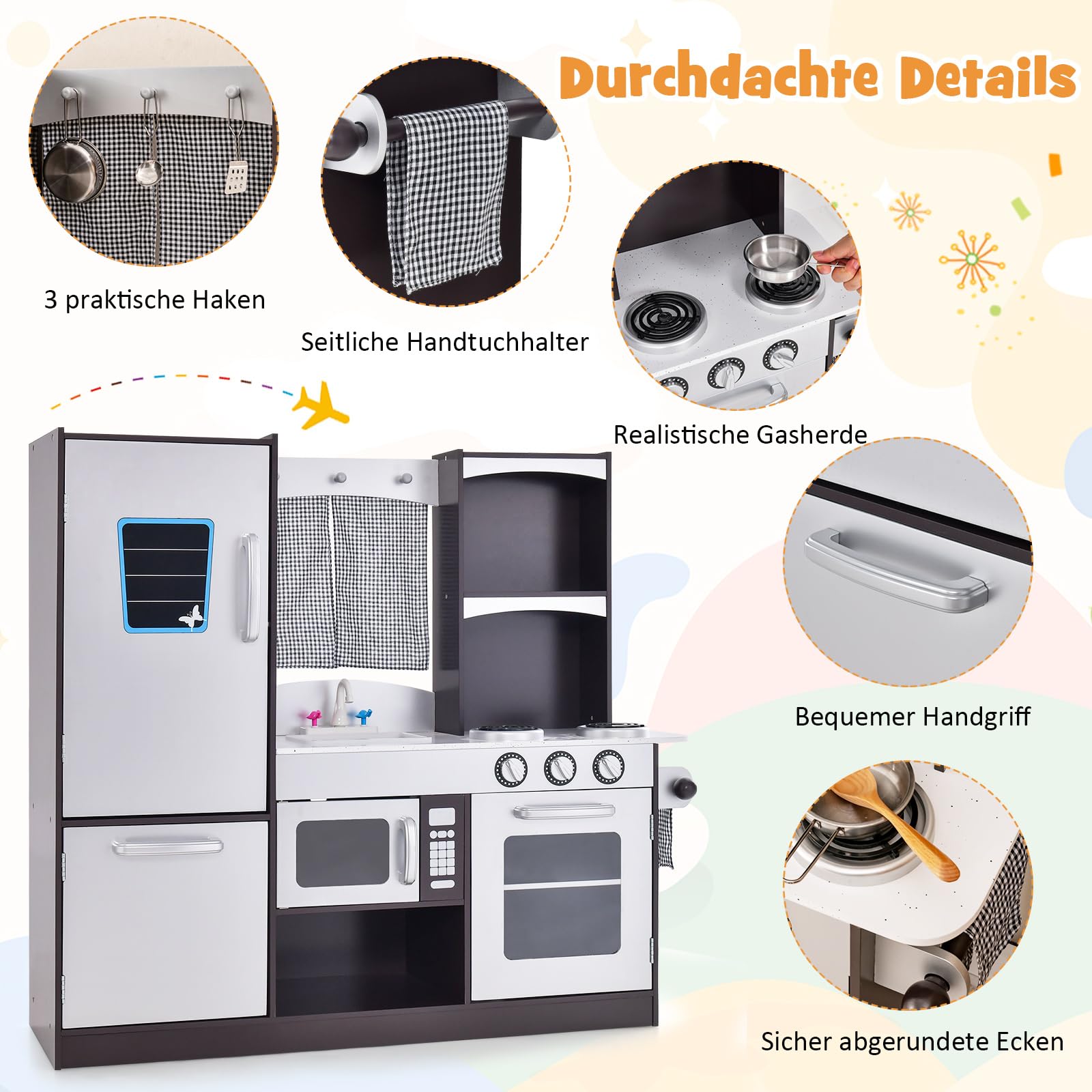 COSTWAY Kinderküche mit Kühlschrank, Kinder Spielküche Holz, inkl. Spielzubehör, für Kinder ab 3 Jahre, braun, 97 x 30 x 95cm