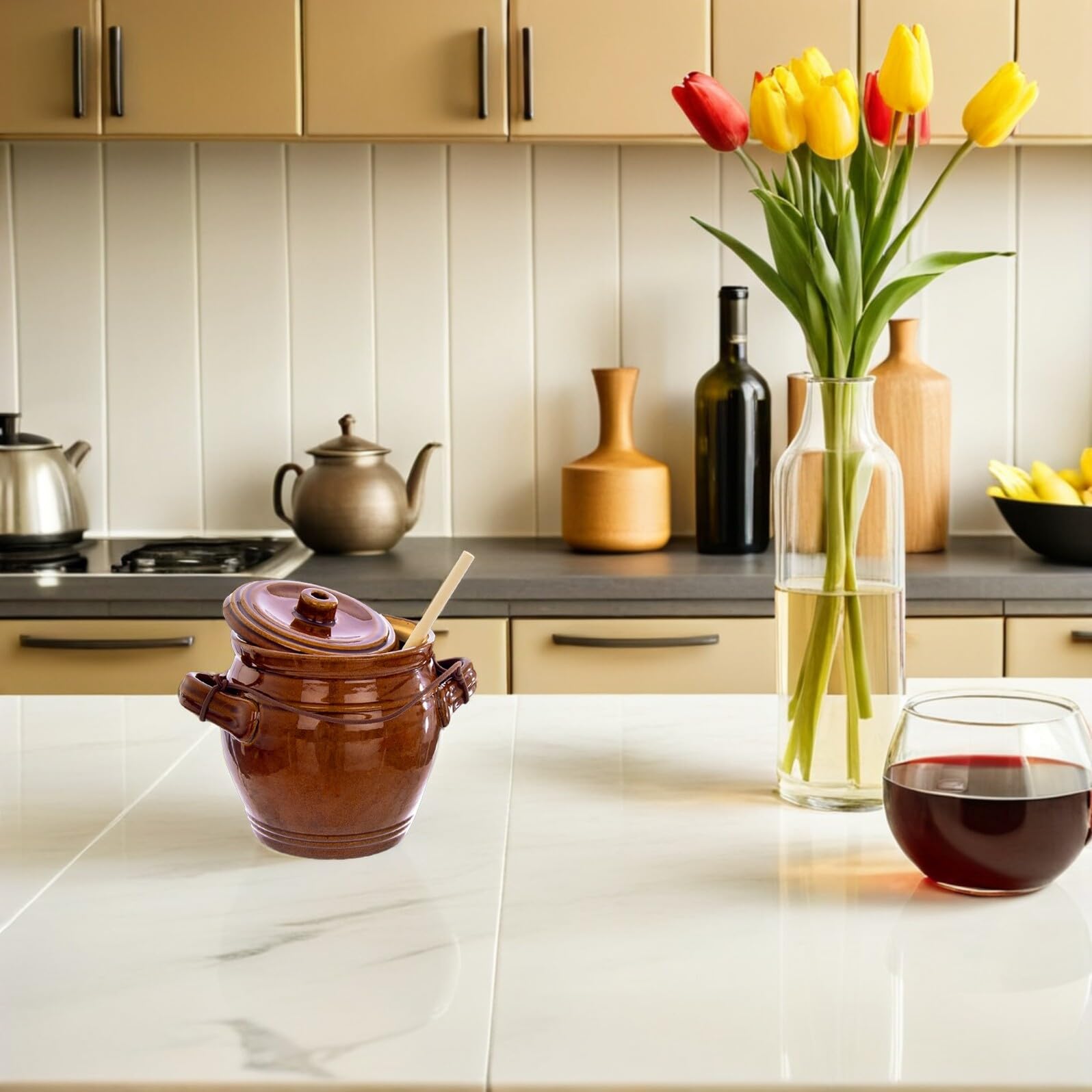 DOITOOL Barattolo Sigillato in Ceramica da 1,3l per Sottaceti Chiusura Ermetica, Vaso la Conservazione Domestica Alimentare in Ceramica e Legno, Contenitore Auto-sigillante per Cucina