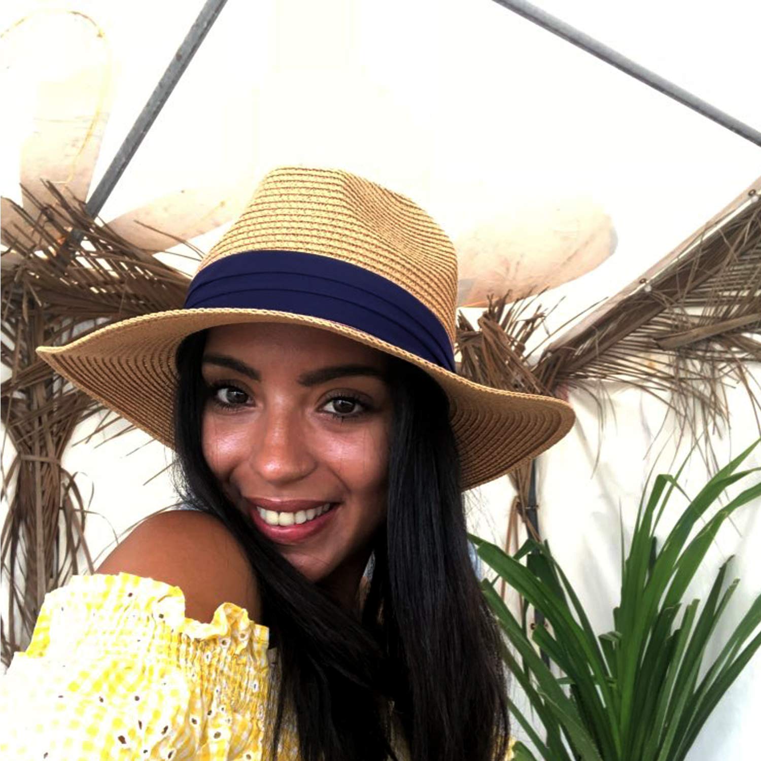DRESHOW Femme Homme Chapeau de Paille Panama Chapeau Été Large Bord Chapeau de Soleil Anti-UV pour Plage Voyage Chapeau de Soleil
