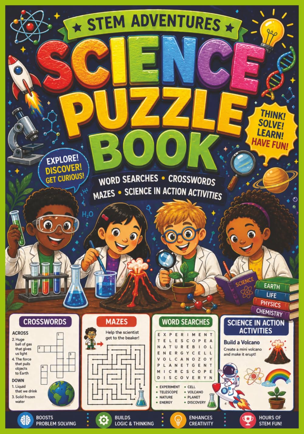 STEM Science Puzzle Book For Kids (Ages 8-12): Word Searches, Crosswords, Mazes & Hands-On Science Activities