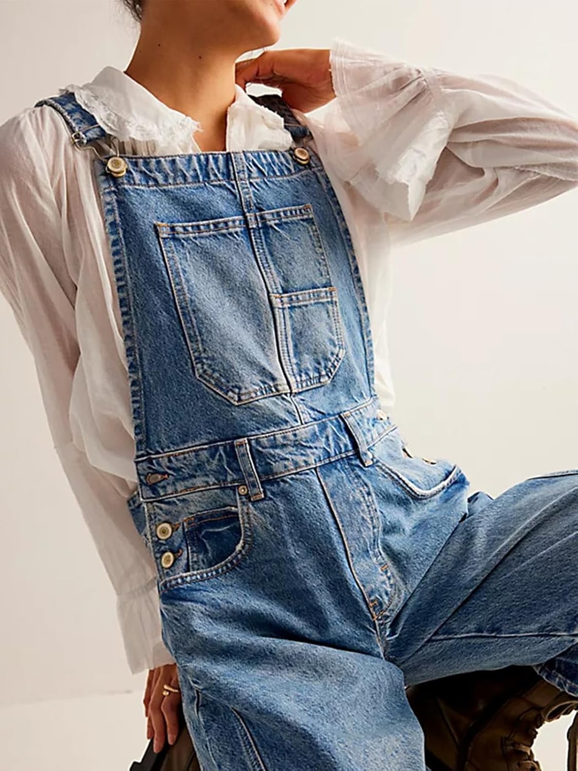 LONGBIIDA Women's Denim Overalls Barrel Wide Leg Loose Fit Bib Jean Romper Adjustable Strap Casual Jumpsuit