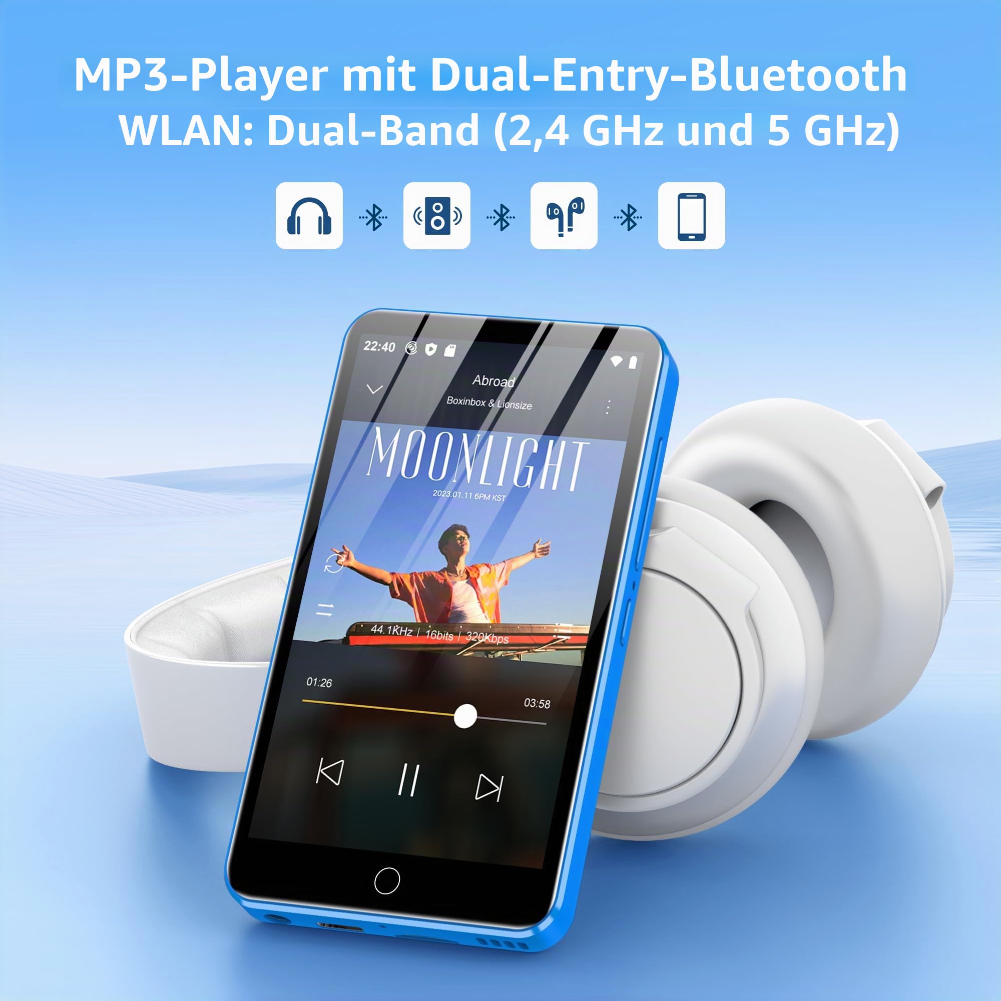 Diofox 80GB MP3 Player mit Bluetooth und WiFi, 4,0-Zoll Touchscreen, 1080P, 2000mAh, MP3 MP4 Player Android, Spotify, Amazon Music, Deezer, Play Store, HiFi Sound Digital Music Player (Blau)