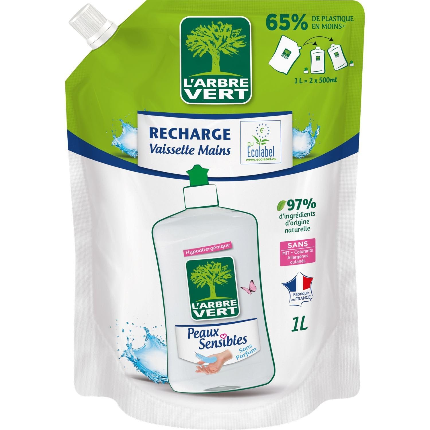 L'ARBRE VERT – Recharge Liquide Vaisselle Hypoallergénique Douceur Peaux Sensibles, Ecolabel 1L - Lot de 4 - vendu par Lot