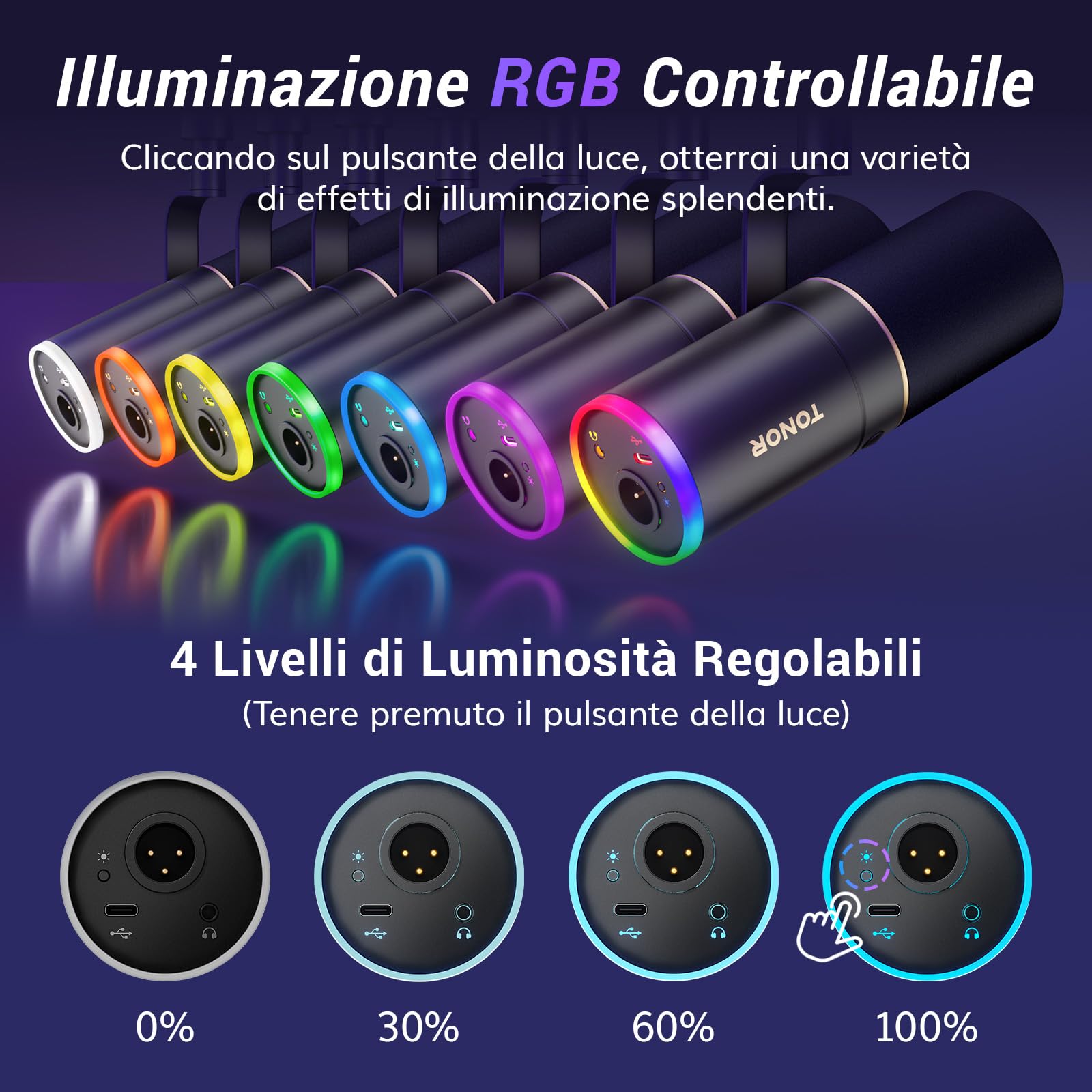 TONOR Microfono Gaming USB/XLR con Supporto da Braccio, Microfono PC Dinamico RGB per Twitch, Streaming, Podcasting, Discord, Microfono in metallo Cardioide per Mac Android, 200cm,TD520S+