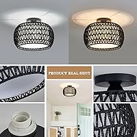 Vista 5 de Rattan Light Fixtures, Hand-Woven Boho Flush Mount Ceiling Light, Handmade Rattan Light Fixtures Ceiling Mount with Fabric Shade, Farmhouse Light