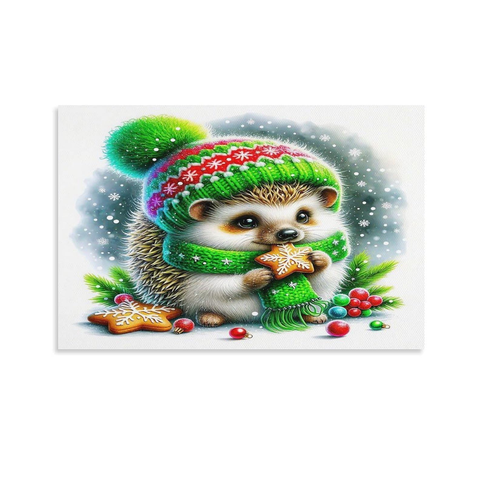 CPLVKWRQJ Sleeping Hedgehog Under Starry Sky Single Piece Xmas Hedgehog Knit Hat Gingerbread Berry Canvas Wall Decor - Kitchen Removable Wall Art Multi-Purpose Ready to Hang 08x12inch(20x30cm)